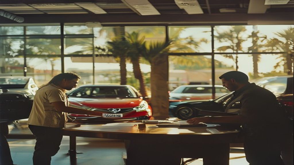 Hispanic couple shaking hands with a car salesperson inside a bright Florida used car dealership showroom, Toyota Camry